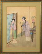 A Chinese gouache depicting two courtesans in an interior, 34.5 x 24.5cm.