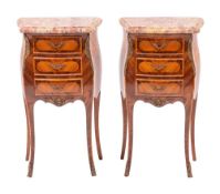 A pair of kingwood and tulipwood and marble mounted petite commodes in Louis XV taste,