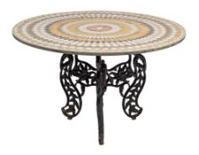 A Continental pietre dure inset marble and wrought iron mounted centre table,