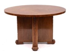 A burr walnut and walnut circular dining table, circa 1930,