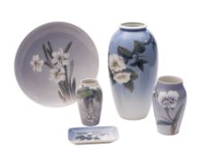A group of five pieces of Royal Copenhagen porcelain, comprising three vases,