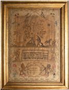 A late George III needlework sampler with central verse, Adam and Eve,