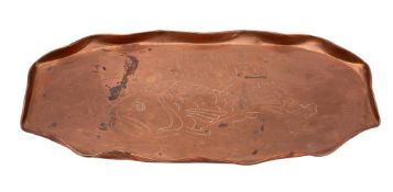 A Newlyn style copper serving tray of rectangular form with incised fish and seaweed decoration, 56.