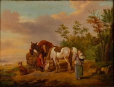 British School (19th century) Travellers resting; a young family,