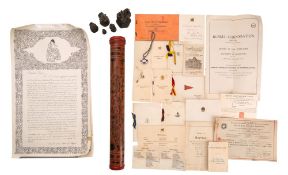 A set of five bronze Burmese opium weights in the form of birds, together with scrolls, ephemera,