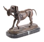 A late 19th/early 20th century bronze study of a gun dog holding a pheasant in its mouth,