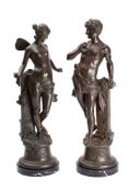 A pair of bronze figures suitor and nymph both partially robed,