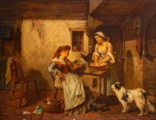 French School (late 19th century) A rustic kitchen interior with two young women,