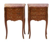 A pair of kingwood and tulipwood and marble mounted petite commodes in Louis XV taste,