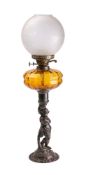 A Victorian cast iron oil lamp the amber glass reservoir mounted on a column with putti on a domed
