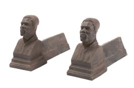 A pair of late Victorian French cast iron andirons the terminal in the form of Zouaves heads,