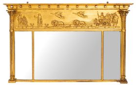 A Regency giltwood and composition framed tripartite overmantel mirror,
