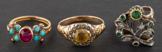 Three gemset rings, including a foil backed citrine and seed pearl cluster ring,