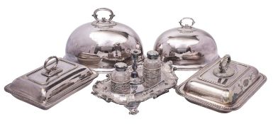 A mixed lot of silver plated wares, includes late Victorian inkstand,