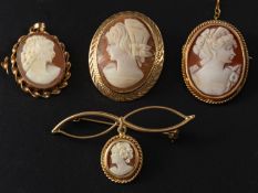 Four shell cameos depicting a lady in profile, including three brooches and a pendant,