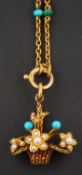 A turquoise, cultured and seed pearl giardinetti pendant,