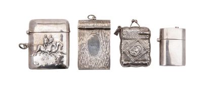 A sterling silver vesta case with equestrian decoration, another in the form of a U.S.