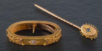A Victorian, gemset, gold tie clip and tie pin, a 15ct gold, old-cut diamond tie clip,