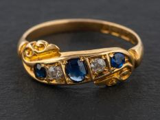 An Edwardian, 18ct gold, old-cut diamond and sapphire five-stone ring,