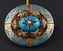 A Victorian, oval, light blue enamel and seed pearl locket brooch,