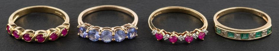 Four 9ct gold, gemset rings,