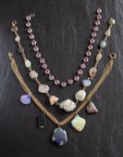 Three gemset necklaces, including a pink paste necklace, length ca.