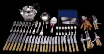 A small quantity of silver plated wares, includes teapot, French soup ladle,