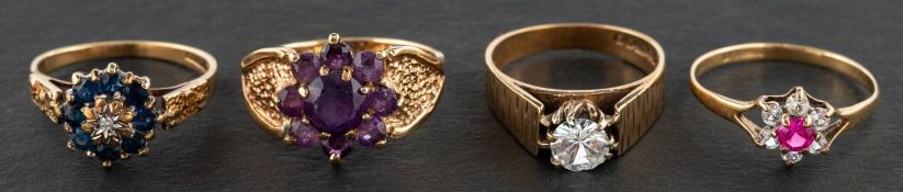 Four 9ct gold, gemset rings,