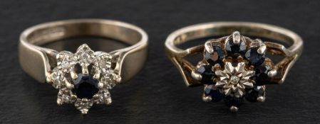 Two sapphire and diamond cluster rings, including a 9ct gold, sapphire and single-cut diamond ring,