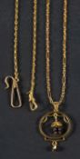An amethyst pendant, a figaro-link chain and a link and bar watch chain with dog clip, the pendant,