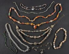 A collection of eight bead necklaces, including three vari-coloured agate necklaces,