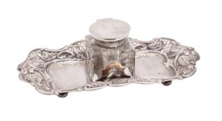 An Edward VII silver inkwell on stand, maker Johnson, Durban & Co Ltd, Birmingham,