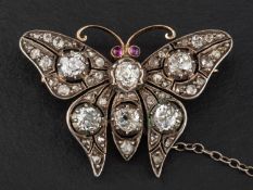 A Victorian, gold and silver, rose, single and old-cut diamond and ruby butterfly brooch,