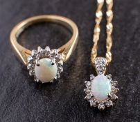 An oval, cabochon-cut opal and diamond cluster pendant and ring, the pendant and ring stamped '14K',