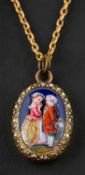 A late 19th century, Rococo revival, vari-coloured, guilloche enamel pendant, probably French,
