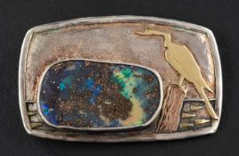 * Charmian Harris, a brooch, depicting a crane by the side of a boulder pond,