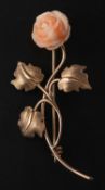 A 9ct gold, angel skin coral, rose spray brooch, with import marks for London, 1976, length ca. 5.
