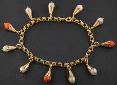 A belcher-link bracelet with coral and cultured pearl pendants, stamped '750,