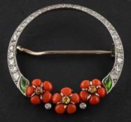 A coral, peridot, probably citrine, single and round brilliant-cut diamond wreath brooch,