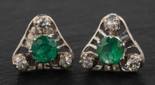 A pair of round, mixed-cut emerald and single-cut diamond ear studs,