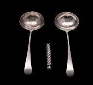 A pair of George III silver Old English pattern sauce ladles, maker John Hampston & John Prince,