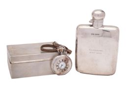 A George V silver hip flask, maker James Dixon & Sons, Sheffield, 1915, inscribed, 14cm high,