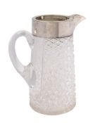 A clear glass and silver plate mounted cordial jug of cylindrical tapering form,