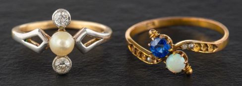 Two gemset rings, including an old-cut diamond and pearl three-stone ring,
