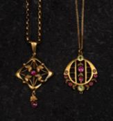 Two gemset, openwork pendants, including a ruby, peridot and seed pearl pendant,