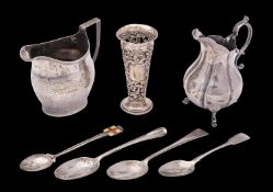 A mixed collection of silver and silver plate, various makers and date, includes a silver cream jug,