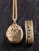 Two pendants, including a 9ct gold, oval locket pendant and a diamond set pendant, stamped '9K',