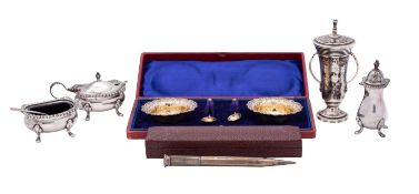 A mixed collection of silverwares, various makers and dates, includes miniature trophy cup,