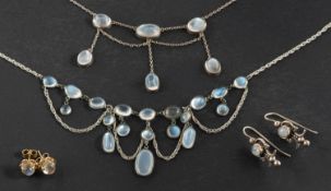 A collection of moonstone jewellery, including two garland-style fringe necklace,