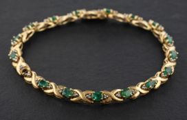 An oval, mixed-cut emerald and single-cut diamond, 'X'-link bracelet,